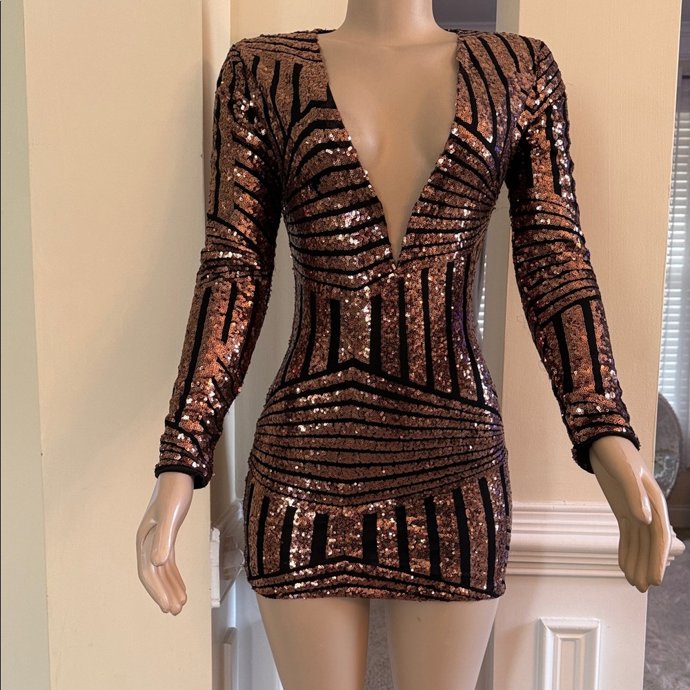 Banjul Bronze and Black Sequin Long Sleeve Dress
